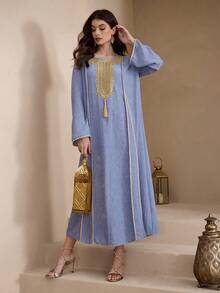 Al Najma Women's Elegant Embroidered Decorated Arabic Style Dress - Blue - View 5