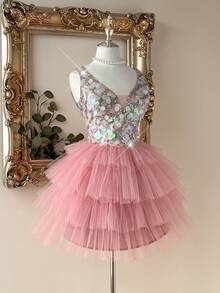 Lovelzi Elegant Multi-Color Lotus Root Pink Deep V-Neck Mesh Sheer Luxurious Gradient Multi-Color Sequin Embroidered High Waist Slimming Multi-Layered Tulle Puff A-Line Skirt Suitable For Dates, Vacations, Singles Parties, Weddings, Back To School, Birthdays, Afternoon Tea, Ladies' Formal Gowns - Dusty Pink - View 5