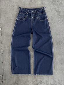 AXEPEAK Men's Double-Waistband Pockets Wide Leg Loose Casual Jeans - Blue - View 1