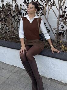 Andrea Bello Women's Casual Versatile Solid Color Knit Vest - Coffee Brown - View 4