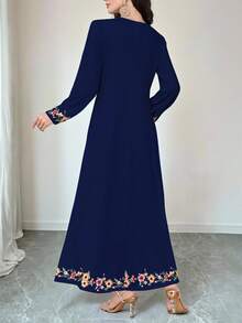 SHEIN Lacomfia Đầm dệt kim dài tay cổ chữ V thanh lịch dành cho nữ, in họa tiết hoa, thích hợp mặc riêng hoặc làm lớp lót bên trong, lý tưởng cho các buổi hẹn hò, kỳ nghỉ, hàng ngày, thường ngày, tiệc tùng, ngày lễ, mùa thu/đông, đầm maxi thướt tha, đầm maxi hoa/đầm vintage, đầm in họa tiết thực vật, đầm màu xanh dương. - Màu xanh lam - Xem 2