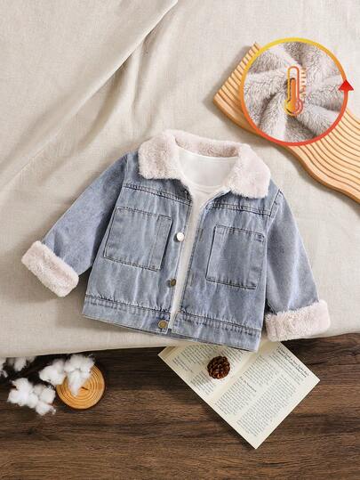 SHEIN Vintaside Kids Baby Boys Thick Fleece Jacket With Fur Collar, Warm Winter Outerwear For Infants, Suitable For Cold Season Toddler Denim Jacket Baby Boy Korean Style Jackets Baby Jeans Jacket Denim Faux Fur Jacket