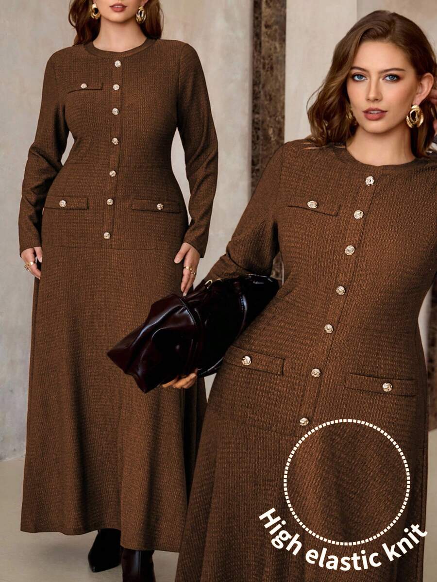 Roveilla 大码女式纹理弹力圆领金属纽扣A字长袖连衣裙，优雅复古法式办公室通勤商务休闲街头风，百搭秋冬装，适合派对、圣诞节、感恩节、新年等场合。 - 棕色 - 查看 1