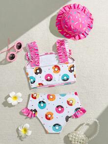 女婴沙滩装套装，泳衣配甜甜圈帽，可爱粉色甜甜圈印花，荷叶边装饰，时尚休闲优雅少女运动活泼可爱，适合游泳、海滩、泳池、拍照、送礼、水上乐园、水疗中心、夏季 - 粉色 - 查看 2