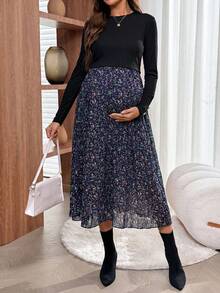 SHEIN 孕妇印花拼接哺乳休闲连衣裙，适合度假穿着 - 藏蓝色 - 查看 4