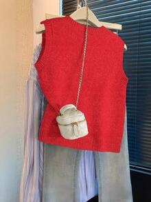 Franclia 女士优雅时尚简约百搭通勤修身圆领花束图案3D花朵毛衣背心，秋冬款 - 紅色 - 查看 2