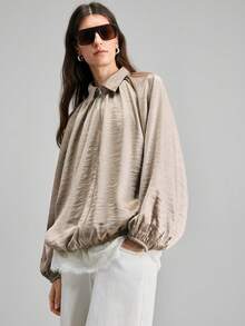 Ontre 2026 Spring/Summer New Batwing Sleeve Metallic Deep V-Neck Ruffle Hem Women's Blouse, Suitable For Modern Urban Party, Back To School Season, Urban Minimalist Casual Daily Wear, Bohemian Style, Vacation, Festivals, Spring, Valentine's Day Carnival Outfit, Women's Beach & Party Elegant Wear - Khaki - View 6