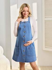SHEIN Maternity Casual Washed Front Button Dual Pocket Denim Dress - Blue - View 4