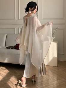 DAZY 女士优雅吊带鱼尾连衣裙配披肩，两件套，春夏款 - 米色 - 查看 2
