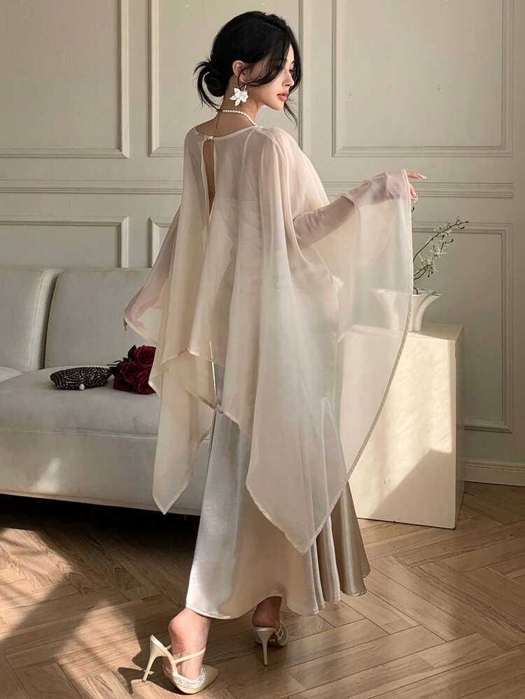 Women's Elegant Spaghetti Strap Fishtail Dress With Shawl, 2 Pieces Set, Spring/Summer,Wedding Guest Dress Women