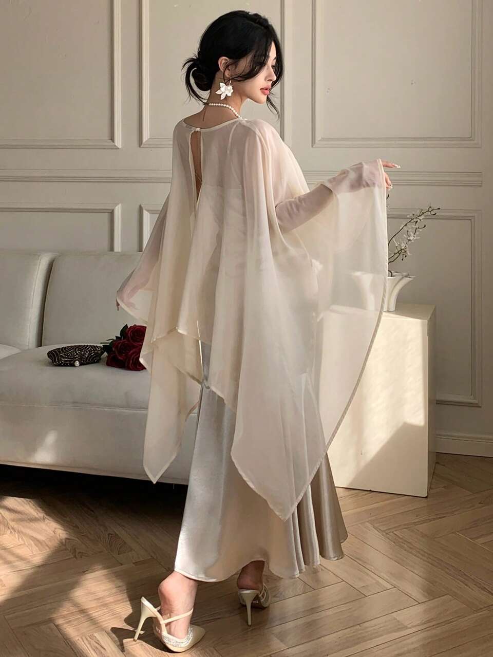 Women's Elegant Spaghetti Strap Fishtail Dress With Shawl, 2 Pieces Set, Spring/Summer,Wedding Guest Dress Women