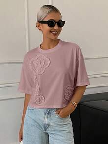 DAZY 女士休闲褶皱印花宽松短袖圆领露脐T恤，夏季 - 粉色 - 查看 4