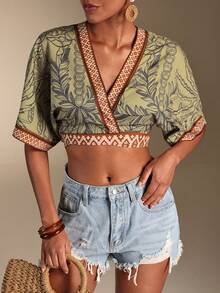 SHEIN Swim Vcay 女士V领波西米亚风撞色滚边打结印花和服罩衫休闲波西米亚假日派对复古女士老钱风格女士沙滩比基尼2026夏季女士沙滩优雅休闲夏季度假女士露脐和服女士露脐上衣女士裹身上衣女士上衣波西米亚风女士上衣 - 彩色 - 查看 6