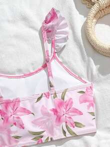 SHEIN 女童碎花荷叶边比基尼套装，含沙滩罩衫 - 粉色 - 查看 4