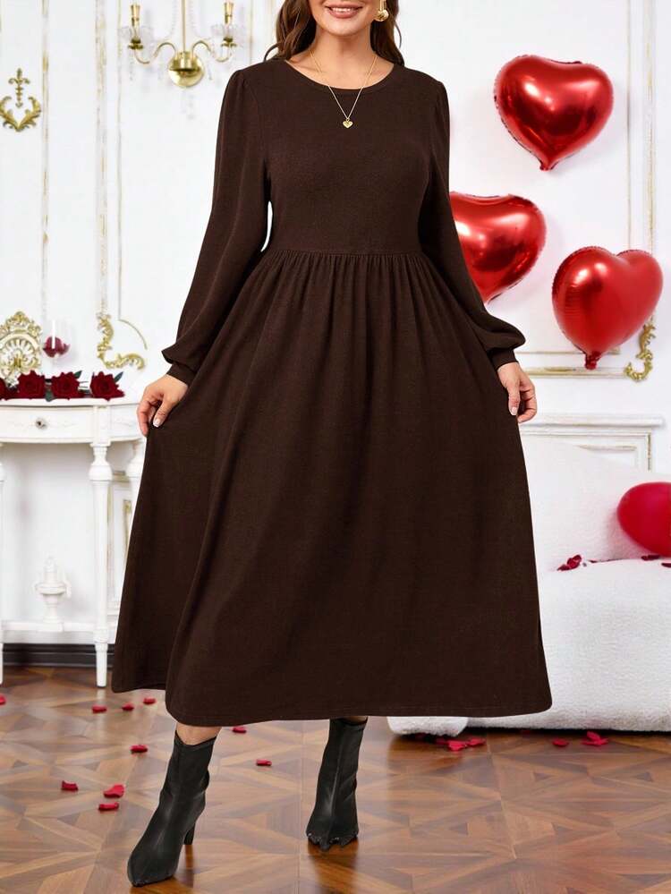 Plus Size Women's Solid Round Neck Long Sleeve Casual Textured Fleece Dress, Fall Valentine's Day