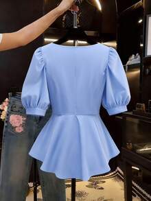 Franclia Women's Puff Sleeve Blouse, Slimming Waist Design, Casual Short Sleeve Shirt Top - Blue - View 2