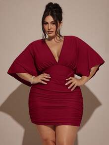 SHEIN BAE Gaun Natal Mini Hijau Leher V untuk Wanita Ukuran Plus - Burgundy - View 4