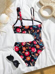 SHEIN 1pc Girls' One-Piece Swimsuit, European & American Style Printed Pattern, Summer Swimming Costume - Multicolor - View 2