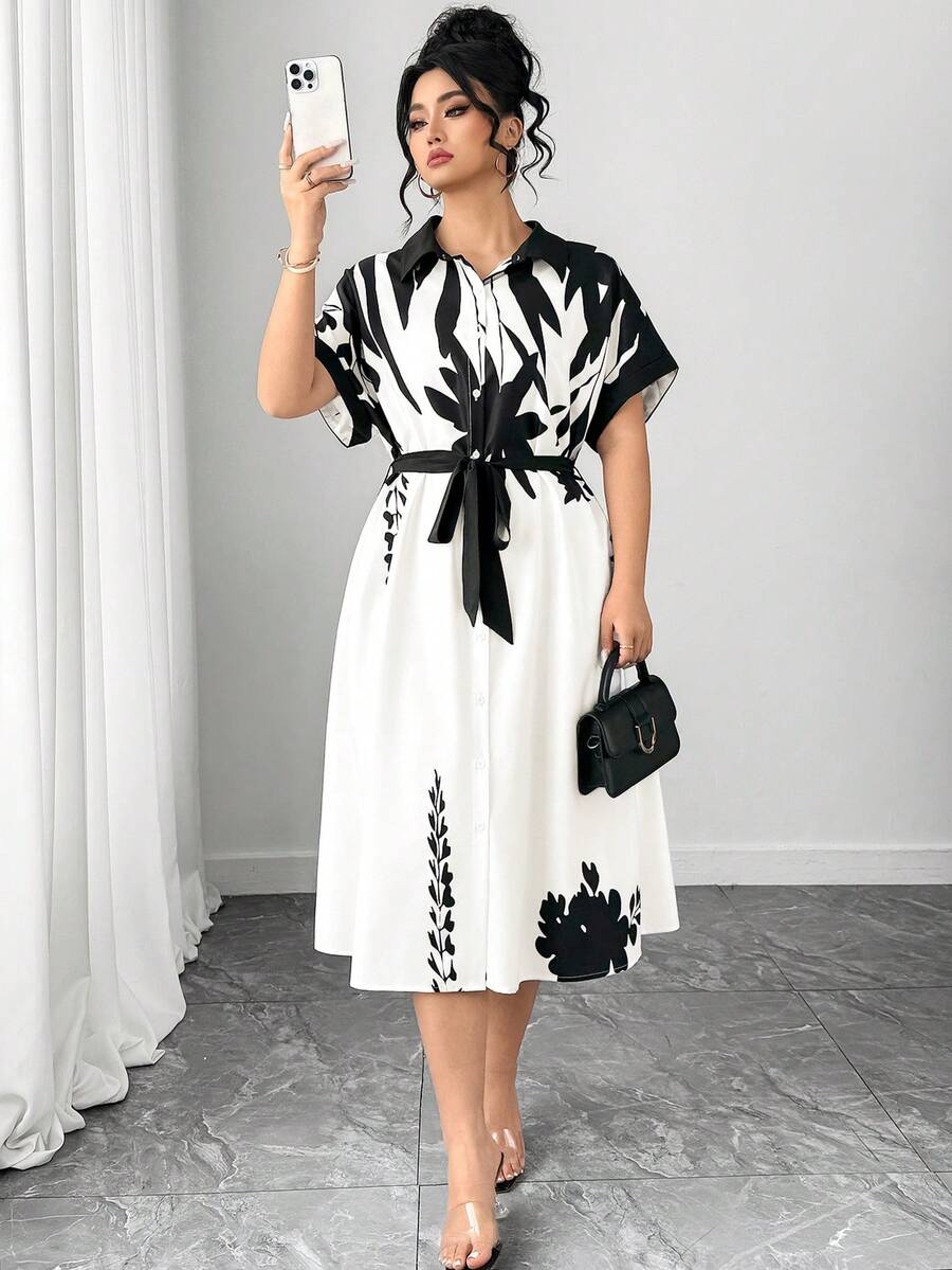 Elenzga Plus Size Elegant Floral Color Block Shirt Dress, Slimming Belt Design, Suitable For Daily Commute And Outdoor Activities - Multicolor - View 1