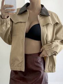 Livesso Women's Casual Patchwork Collar Jacket, Daily Wear, Winter - Khaki - View 4