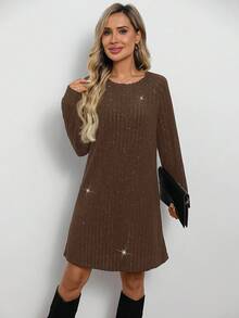 EMERY ROSE Women's Glitter Round Neck Long Sleeve Short Dress Jumper Dress Brown Dress Women Coffee Brown Dress Long Sleeve Dresses Woman - Coffee - View 4