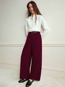 Écloséra 高腰宽松直筒裤，配腰带，卡其色，休闲商务两相宜，春秋季款 - 酒紅色 - 查看 6