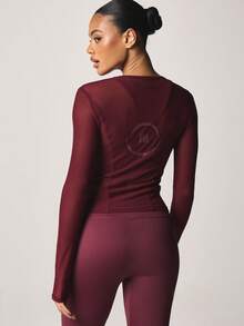 MISSGUIDED Long Sleeve Mesh Layering Active Top With Crew Neckline And Semi Sheer Panels For Training And Fitness - Burgundy - View 4