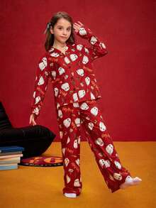HARRY POTTER X SHEIN Conjunto de pijama de niña preadolescente con parte superior con cuello y pantalones estampados con búhos de dibujos animados, resistente a las llamas, para otoño/invierno - Rojo - Ver 4