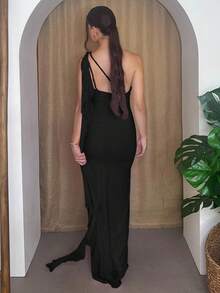 Andrea Bello 优雅不对称褶皱露背连衣裙，网眼荷叶边下摆，女士度假沙滩裙，春夏 - 黑色 - 查看 2