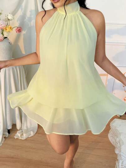 CovetEZ Valentine Plus Size Halter Tie-Up Mini Dress In Light Yellow, Suitable For Party And Date Wear, Spring/Summer Light Yellow Top Butter Yellow Top