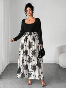 SHEIN Elenzya Plus Size 3D Floral Fabric Crew Neck Long Sleeve Dress - Black - View 3