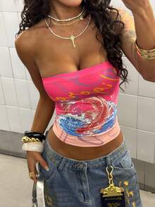 StreetHx 街头风女款宽松鱼尾波浪水钻印花抹胸上衣 - 粉色 - 查看 5