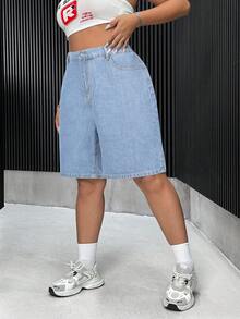 SHEIN ICON 大码纯色休闲牛仔短裤 - 淺色水洗藍 - 查看 6