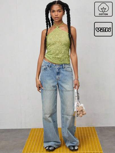 COUREZ 低腰宽松牛仔裤，采用工装缝线，浅色水洗做旧效果 / 女士夏季穿搭 / Y2K / 休闲 / 纯棉高街复古风