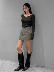 DAZY 女士高腰修身迷你裙 - 灰色 - 查看 5