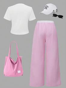 SHEIN ChillGRL Tween Girls' Casual Bow Print T-Shirt And Striped Wide Leg Pants Set, Summer - Pink - View 2