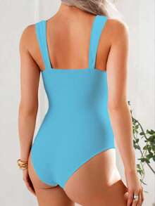 Oceva Springbreak Women's Solid Color Ruched Strap Minimalist One-Piece Swimsuit, Festival Boho Modest One Piece Swimsuit Tummy Control Bathing Suit