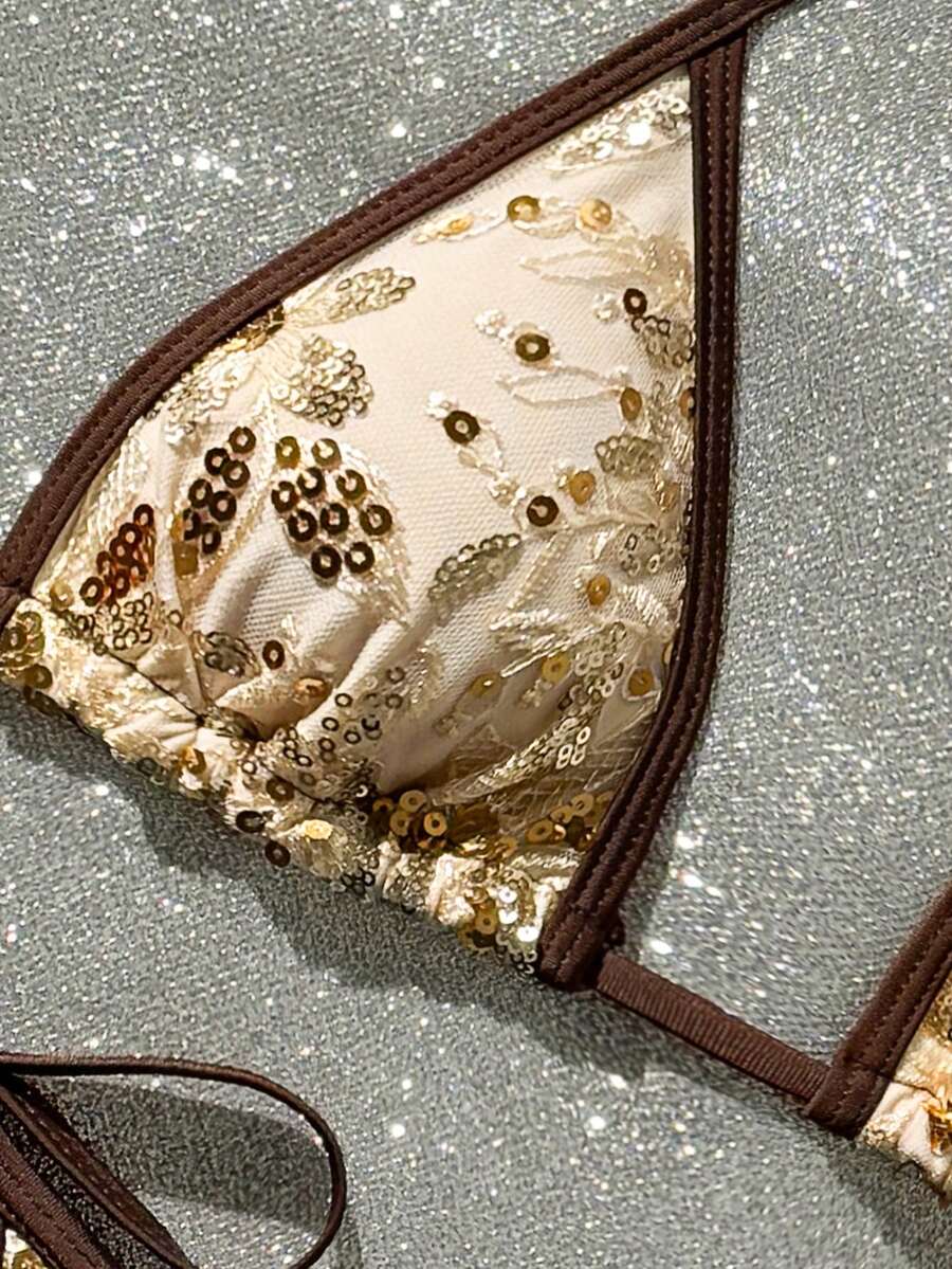 Swim Vcay 香槟色闪亮面料抹胸比基尼套装，侧边系带，适合海滩派对、下午茶、夏季等场合。 - 彩色 - 查看 1