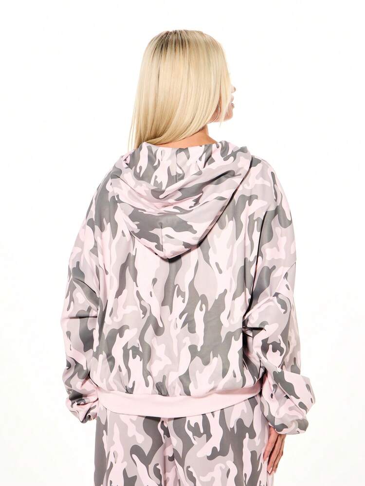SUMWON WOMEN Pink Camo Lace Trim Zip Hoodie For Valentine