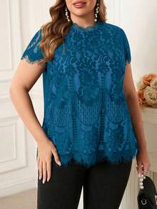 SHEIN Clasi 大码优雅蕾丝拼接雪纺衬衫 - 水鴨藍 - 查看 3