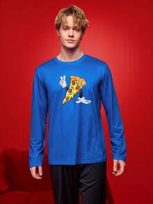 Notgurli Pizza Cartoon Print Crew Neck Men's Base Layer T-Shirt