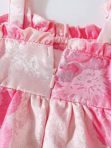 SHEIN 女婴优雅吊带大蝴蝶结提花A字连衣裙，适合生日派对和节日庆典，春夏款 - 粉色 - 查看 5