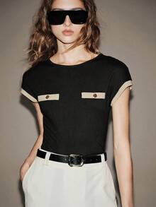 SHEIN Unity Women's Black Short Sleeve T-Shirt,Round Neck Fitted Minimalist Basic Top,Black And Beige,Summer,Elegant,Office Work Tops,Contrast Cuff Faux Pocket - Black - View 7