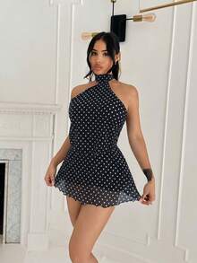 Shopreo Vestido de tirantes mini con espalda descubierta y estampado de lunares elegante para mujer 8A86 - Negro - Ver 4