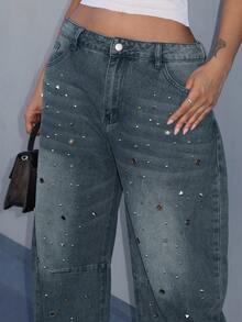 Shopreo 女式水钻装饰口袋宽松休闲直筒牛仔裤 - 深灰色 - 查看 4