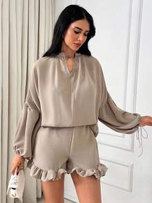 EURMUSE Women Blouses With Tassels & Shorts With Ruffles Beige Two Pieces Set Two Pieces Lounge Set Comfortable Two Pieces Set Elegant 2 Pieces Set - Coffee Brown - View 2
