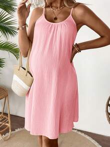 SHEIN Maternity Solid Color Spaghetti Strap Sleeveless Textured Fabric Casual Summer Dress - Pink - View 6