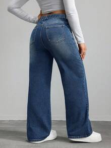 SHEIN CURVE+ 大码女式牛仔蓝色无弹力修身直筒牛仔裤，秋季女装 - 藍色 - 查看 2