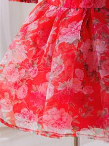 SHEIN Đầm ngắn tay bằng vải organza in hoa thanh lịch cho bé gái, thích hợp cho mùa hè. - Đỏ - Xem 7