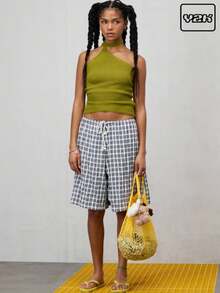 COUREZ Low Rise Check Jorts /Summer Outfits For Women Spring Summer Shorts/Y2K/Casual Vintage - Navy Blue - View 1